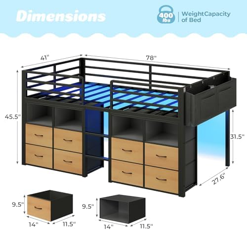 ADORNEVE Low Loft Bed Twin Size with 8 Storage Drawers  Twin Loft Bed with Bookcase and LED Lights  Metal Kids Loft Bed with 14 H Safety Guardrail  Under Bed Play Space  No Box Spring Needed  Natural