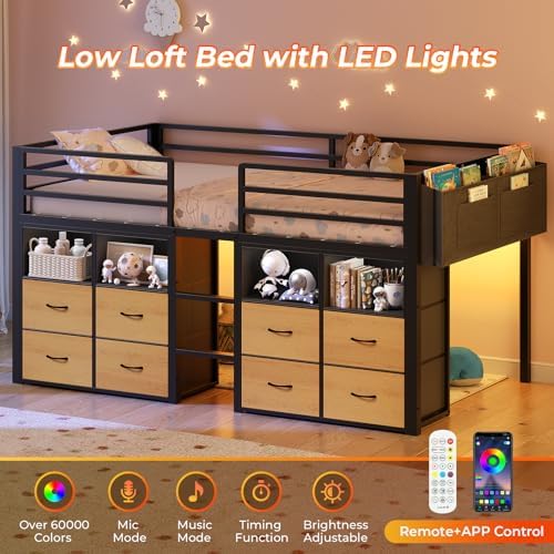 ADORNEVE Low Loft Bed Twin Size with 8 Storage Drawers  Twin Loft Bed with Bookcase and LED Lights  Metal Kids Loft Bed with 14 H Safety Guardrail  Under Bed Play Space  No Box Spring Needed  Natural
