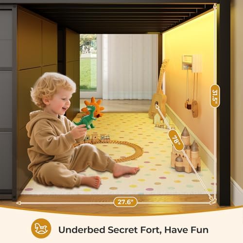 ADORNEVE Low Loft Bed Twin Size with 8 Storage Drawers  Twin Loft Bed with Bookcase and LED Lights  Metal Kids Loft Bed with 14 H Safety Guardrail  Under Bed Play Space  No Box Spring Needed  Natural