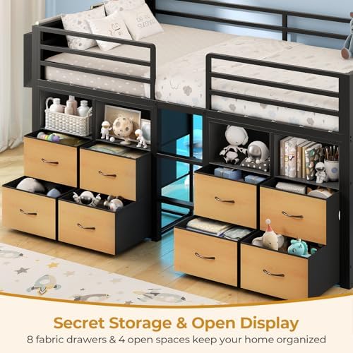 ADORNEVE Low Loft Bed Twin Size with 8 Storage Drawers  Twin Loft Bed with Bookcase and LED Lights  Metal Kids Loft Bed with 14 H Safety Guardrail  Under Bed Play Space  No Box Spring Needed  Natural
