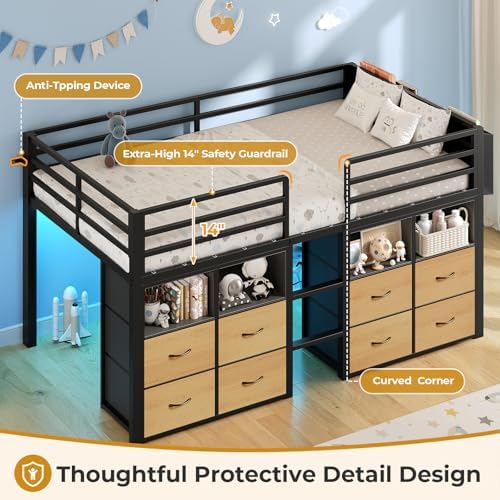 ADORNEVE Low Loft Bed Twin Size with 8 Storage Drawers  Twin Loft Bed with Bookcase and LED Lights  Metal Kids Loft Bed with 14 H Safety Guardrail  Under Bed Play Space  No Box Spring Needed  Natural