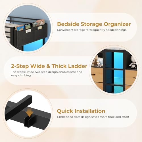 ADORNEVE Low Loft Bed Twin Size with 8 Storage Drawers  Twin Loft Bed with Bookcase and LED Lights  Metal Kids Loft Bed with 14 H Safety Guardrail  Under Bed Play Space  No Box Spring Needed  Natural