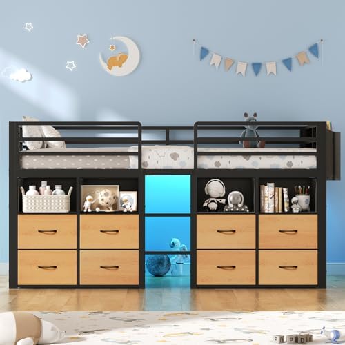 ADORNEVE Low Loft Bed Twin Size with 8 Storage Drawers  Twin Loft Bed with Bookcase and LED Lights  Metal Kids Loft Bed with 14 H Safety Guardrail  Under Bed Play Space  No Box Spring Needed  Natural