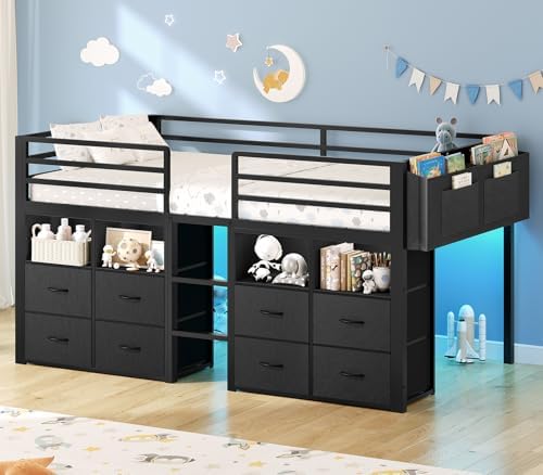 ADORNEVE Low Loft Bed Twin Size with 8 Storage Drawers  Twin Loft Bed with Bookcase and LED Lights  Metal Kids Loft Bed with 14 H Safety Guardrail  Under Bed Play Space  No Box Spring Needed  Natural