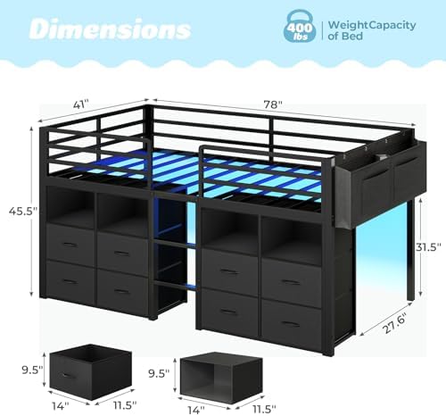 ADORNEVE Low Loft Bed Twin Size with 8 Storage Drawers  Twin Loft Bed with Bookcase and LED Lights  Metal Kids Loft Bed with 14 H Safety Guardrail  Under Bed Play Space  No Box Spring Needed  Natural