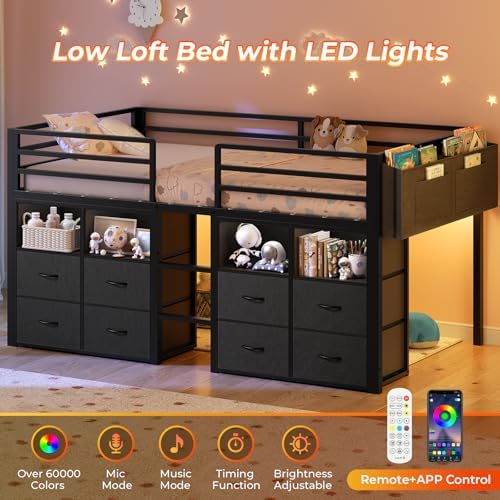 ADORNEVE Low Loft Bed Twin Size with 8 Storage Drawers  Twin Loft Bed with Bookcase and LED Lights  Metal Kids Loft Bed with 14 H Safety Guardrail  Under Bed Play Space  No Box Spring Needed  Natural