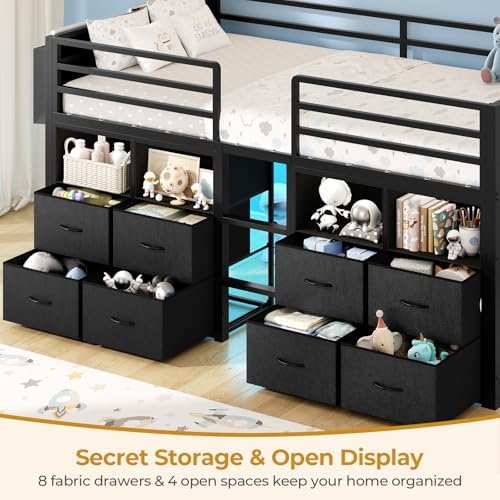 ADORNEVE Low Loft Bed Twin Size with 8 Storage Drawers  Twin Loft Bed with Bookcase and LED Lights  Metal Kids Loft Bed with 14 H Safety Guardrail  Under Bed Play Space  No Box Spring Needed  Natural