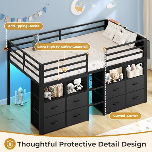 ADORNEVE Low Loft Bed Twin Size with 8 Storage Drawers  Twin Loft Bed with Bookcase and LED Lights  Metal Kids Loft Bed with 14 H Safety Guardrail  Under Bed Play Space  No Box Spring Needed  Natural