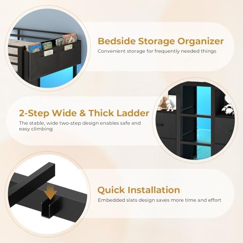 ADORNEVE Low Loft Bed Twin Size with 8 Storage Drawers  Twin Loft Bed with Bookcase and LED Lights  Metal Kids Loft Bed with 14 H Safety Guardrail  Under Bed Play Space  No Box Spring Needed  Natural