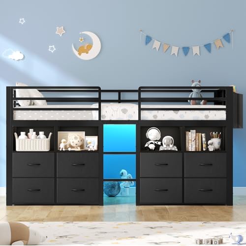 ADORNEVE Low Loft Bed Twin Size with 8 Storage Drawers  Twin Loft Bed with Bookcase and LED Lights  Metal Kids Loft Bed with 14 H Safety Guardrail  Under Bed Play Space  No Box Spring Needed  Natural