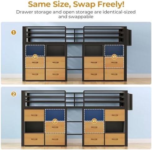 ADORNEVE Low Loft Bed Twin Size with 8 Storage Drawers  Twin Loft Bed with Bookcase and LED Lights  Metal Kids Loft Bed with 14 H Safety Guardrail  Under Bed Play Space  No Box Spring Needed  Natural