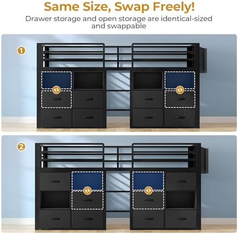 ADORNEVE Low Loft Bed Twin Size with 8 Storage Drawers  Twin Loft Bed with Bookcase and LED Lights  Metal Kids Loft Bed with 14 H Safety Guardrail  Under Bed Play Space  No Box Spring Needed  Natural