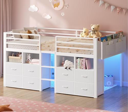 ADORNEVE Low Loft Bed Twin Size with 8 Storage Drawers  Twin Loft Bed with Bookcase and LED Lights  Metal Kids Loft Bed with 14 H Safety Guardrail  Under Bed Play Space  No Box Spring Needed  Natural