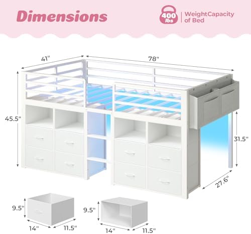 ADORNEVE Low Loft Bed Twin Size with 8 Storage Drawers  Twin Loft Bed with Bookcase and LED Lights  Metal Kids Loft Bed with 14 H Safety Guardrail  Under Bed Play Space  No Box Spring Needed  Natural