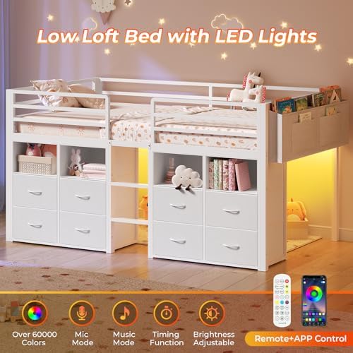 ADORNEVE Low Loft Bed Twin Size with 8 Storage Drawers  Twin Loft Bed with Bookcase and LED Lights  Metal Kids Loft Bed with 14 H Safety Guardrail  Under Bed Play Space  No Box Spring Needed  Natural