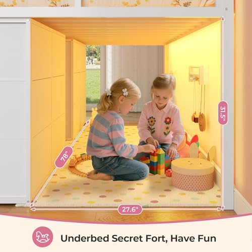 ADORNEVE Low Loft Bed Twin Size with 8 Storage Drawers  Twin Loft Bed with Bookcase and LED Lights  Metal Kids Loft Bed with 14 H Safety Guardrail  Under Bed Play Space  No Box Spring Needed  Natural