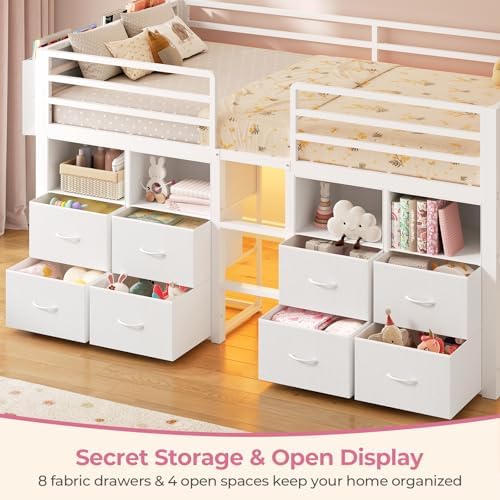 ADORNEVE Low Loft Bed Twin Size with 8 Storage Drawers  Twin Loft Bed with Bookcase and LED Lights  Metal Kids Loft Bed with 14 H Safety Guardrail  Under Bed Play Space  No Box Spring Needed  Natural