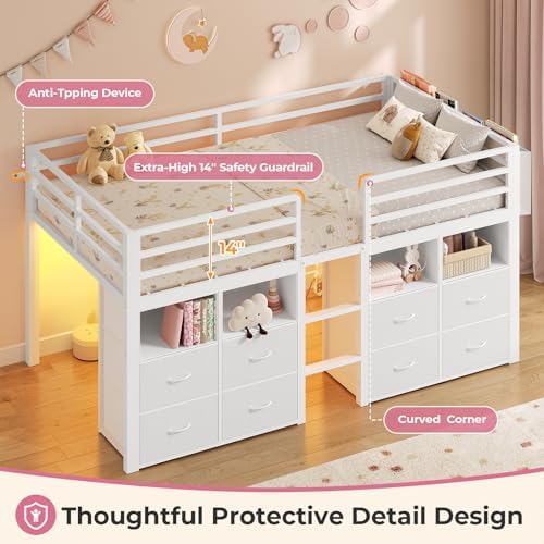 ADORNEVE Low Loft Bed Twin Size with 8 Storage Drawers  Twin Loft Bed with Bookcase and LED Lights  Metal Kids Loft Bed with 14 H Safety Guardrail  Under Bed Play Space  No Box Spring Needed  Natural
