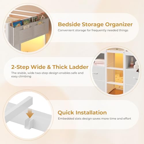 ADORNEVE Low Loft Bed Twin Size with 8 Storage Drawers  Twin Loft Bed with Bookcase and LED Lights  Metal Kids Loft Bed with 14 H Safety Guardrail  Under Bed Play Space  No Box Spring Needed  Natural