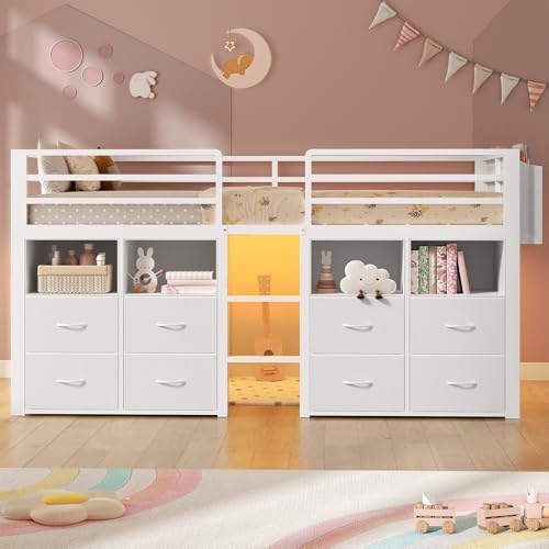 ADORNEVE Low Loft Bed Twin Size with 8 Storage Drawers  Twin Loft Bed with Bookcase and LED Lights  Metal Kids Loft Bed with 14 H Safety Guardrail  Under Bed Play Space  No Box Spring Needed  Natural