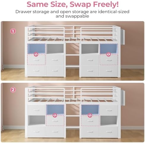 ADORNEVE Low Loft Bed Twin Size with 8 Storage Drawers  Twin Loft Bed with Bookcase and LED Lights  Metal Kids Loft Bed with 14 H Safety Guardrail  Under Bed Play Space  No Box Spring Needed  Natural