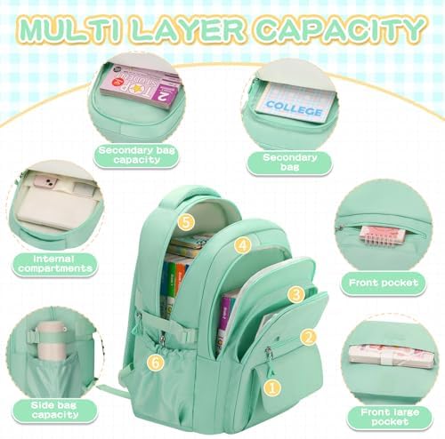 AFGWK Cute Backpack for School Teen Girls Green Bookbag Aesthetic Womens Travel Book Bags for School Kids Student Back Packs