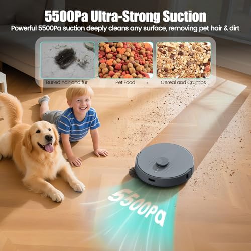 AIRROBO T25  Robot Vacuum and Mop Combo 5500Pa Powerful Suction  Self Emptying  60 Day Capacity  240 Mins  Smart APP Control  Multi Floor Mapping Perfect for Hard Floors  Carpets  and Pet Hair
