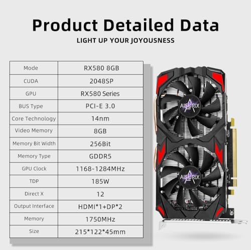 AISURIX RX 580 Graphics Card  2048SP  Real 8GB  GDDR5  256 Bit  Pc Gaming Video Card  2XDP  HDMI  PCI Express 3 0 with Freeze Fan Stop for Desktop Computer Gaming Gpu
