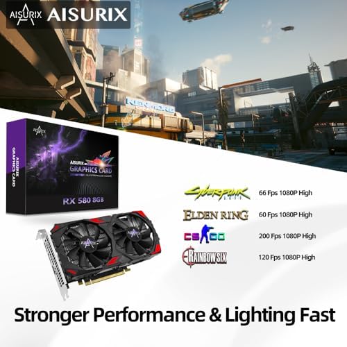 AISURIX RX 580 Graphics Card  2048SP  Real 8GB  GDDR5  256 Bit  Pc Gaming Video Card  2XDP  HDMI  PCI Express 3 0 with Freeze Fan Stop for Desktop Computer Gaming Gpu