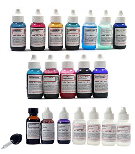 ALDON Innovating Science Complete Microscope Slide Stains Kit   19 Chemicals in 30mL Dropper Bottles   Includes Vital Stains  7   Bacteria Stains  5   Gram Stains  7  & Instruction Manual