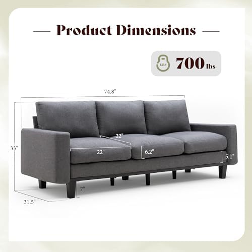 AMERLIFE 3 Seater Sofa with Deep Seat  74 8 Modern Fabric Couch for Living Room  Full Metal Support  Pet Friendly Comfy Sofa  Standard Couch for Bedroom & Apartment  Grey Linen