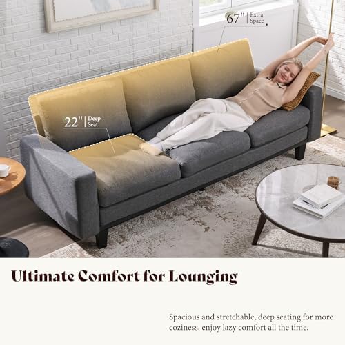 AMERLIFE 3 Seater Sofa with Deep Seat  74 8 Modern Fabric Couch for Living Room  Full Metal Support  Pet Friendly Comfy Sofa  Standard Couch for Bedroom & Apartment  Grey Linen