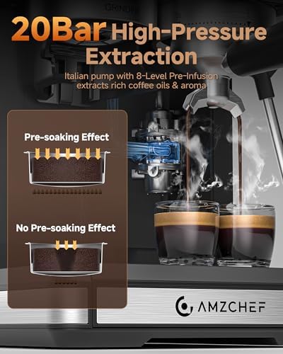 AMZCHEF Espresso Machine with Grinder  3 Temp 197 205  Professional Espresso Machine  3 10s Pre Infusion  20 Grind Settings  Latte Cappuccino Maker Home Barista  Black
