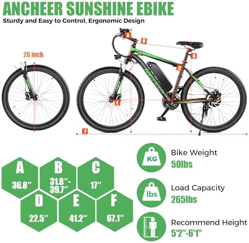 ANCHEER Electric Bike for Adults   Peak 750W Motor  Electric Mountain Bike  26 Sunshine Ebike  55 Miles 20 22MPH Electric Bicycle with 48V/374Wh Battery  7/21Speed  UL2849 Compliant