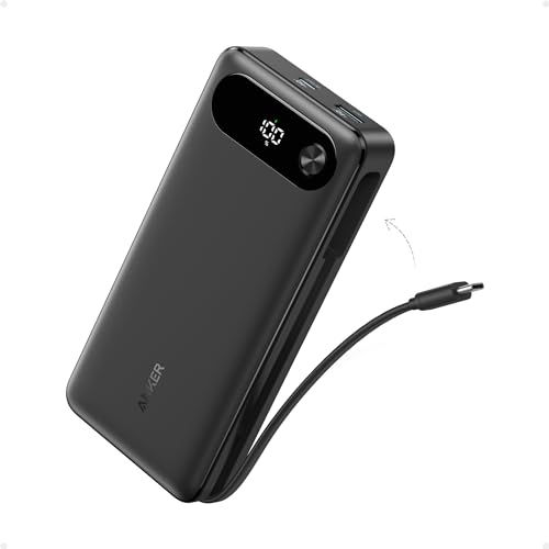 ANKER Power Bank  20 000mAh Travel Essential Portable Charger with Built in USB C Cable  3 Port 87W Max Fast Charging Battery Pack  for MacBook  iPhone 16/15 Series  Samsung  Switch  and More