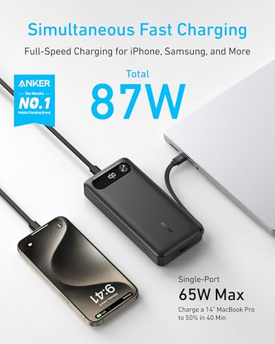 ANKER Power Bank  20 000mAh Travel Essential Portable Charger with Built in USB C Cable  3 Port 87W Max Fast Charging Battery Pack  for MacBook  iPhone 16/15 Series  Samsung  Switch  and More
