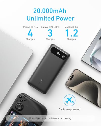 ANKER Power Bank 20 000mAh Travel Essential Portable Charger with Built in USB C Cable 3 Port 87W Max Fast Charging Battery Pack for MacBook iPhone 16/15 Series Samsung Switch and More