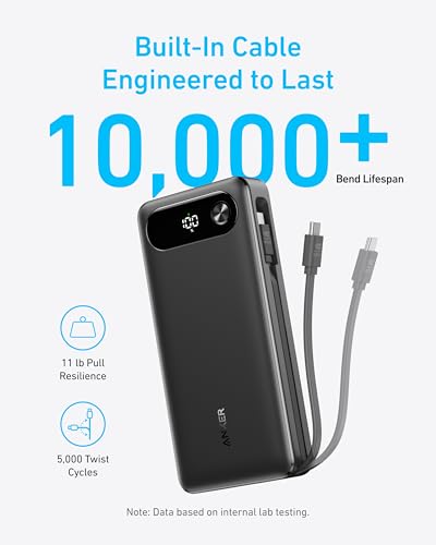 ANKER Power Bank 20 000mAh Travel Essential Portable Charger with Built in USB C Cable 3 Port 87W Max Fast Charging Battery Pack for MacBook iPhone 16/15 Series Samsung Switch and More