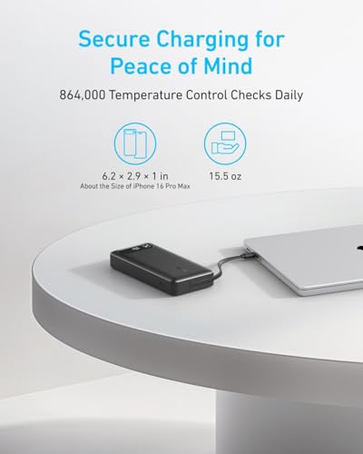 ANKER Power Bank 20 000mAh Travel Essential Portable Charger with Built in USB C Cable 3 Port 87W Max Fast Charging Battery Pack for MacBook iPhone 16/15 Series Samsung Switch and More