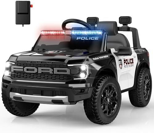 ANPABO Licensed Ford Police Car Ride On 12V Kids Cars to Drive w/Realistic LED Siren Flashing Light  Megaphone  Remote Control  Music  Storage Trunk  Electric Cars for Kids Ages 2   Black