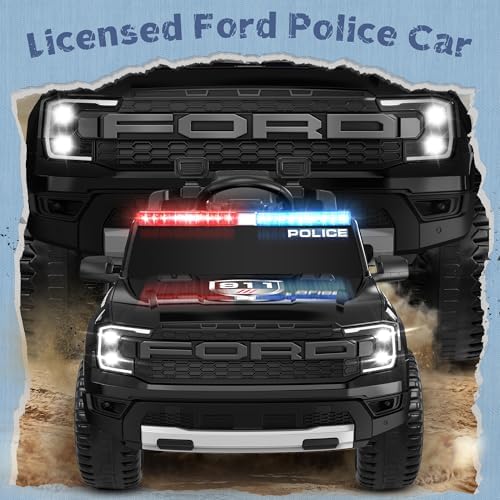 ANPABO Licensed Ford Police Car Ride On 12V Kids Cars to Drive w/Realistic LED Siren Flashing Light  Megaphone  Remote Control  Music  Storage Trunk  Electric Cars for Kids Ages 2   Black