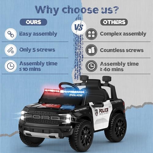 ANPABO Licensed Ford Police Car Ride On 12V Kids Cars to Drive w/Realistic LED Siren Flashing Light  Megaphone  Remote Control  Music  Storage Trunk  Electric Cars for Kids Ages 2   Black