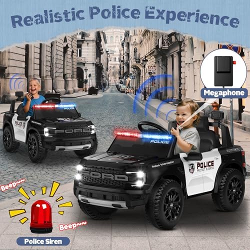 ANPABO Licensed Ford Police Car Ride On 12V Kids Cars to Drive w/Realistic LED Siren Flashing Light  Megaphone  Remote Control  Music  Storage Trunk  Electric Cars for Kids Ages 2   Black