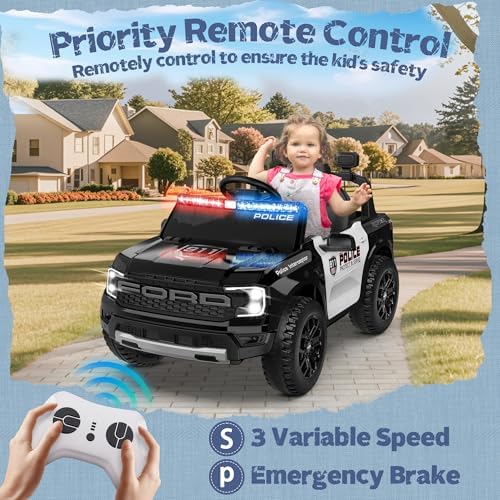 ANPABO Licensed Ford Police Car Ride On 12V Kids Cars to Drive w/Realistic LED Siren Flashing Light  Megaphone  Remote Control  Music  Storage Trunk  Electric Cars for Kids Ages 2   Black