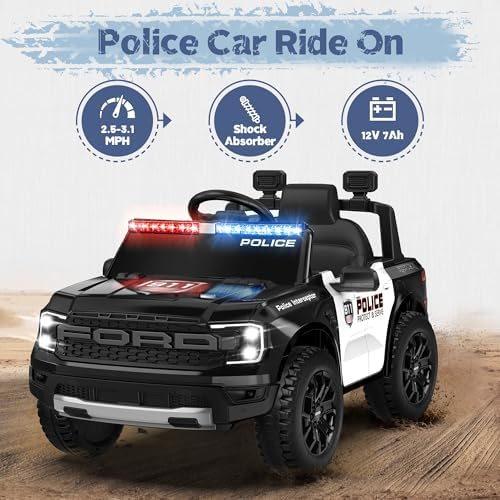 ANPABO Licensed Ford Police Car Ride On 12V Kids Cars to Drive w/Realistic LED Siren Flashing Light  Megaphone  Remote Control  Music  Storage Trunk  Electric Cars for Kids Ages 2   Black