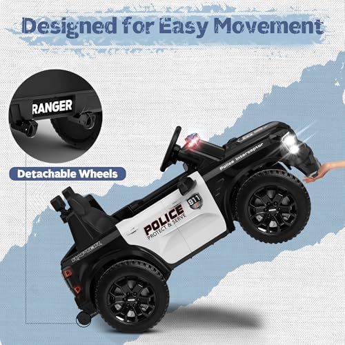 ANPABO Licensed Ford Police Car Ride On 12V Kids Cars to Drive w/Realistic LED Siren Flashing Light  Megaphone  Remote Control  Music  Storage Trunk  Electric Cars for Kids Ages 2   Black
