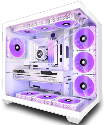 ANSAITE PC CASE ATX 9 PWM ARGB Fans Pre Installed  Mid Tower Gaming PC Case  Panoramic Tempered Glass White Computer Case with Type C 360mm Radiator Support W9
