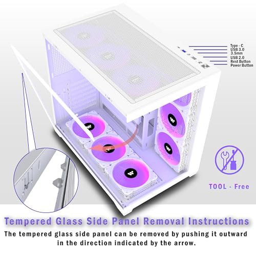 ANSAITE PC CASE ATX 9 PWM ARGB Fans Pre Installed  Mid Tower Gaming PC Case  Panoramic Tempered Glass White Computer Case with Type C 360mm Radiator Support W9