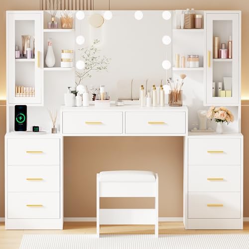 ANWBROAD Mesa de Tocador con Espejo Iluminado 39.4" Tocador de Maquillaje para Niñas con Toma de Corriente 3 Colores de Iluminación Brillo Ajustable Mesa de Tocador para Mujeres Dormitorio Vestidor