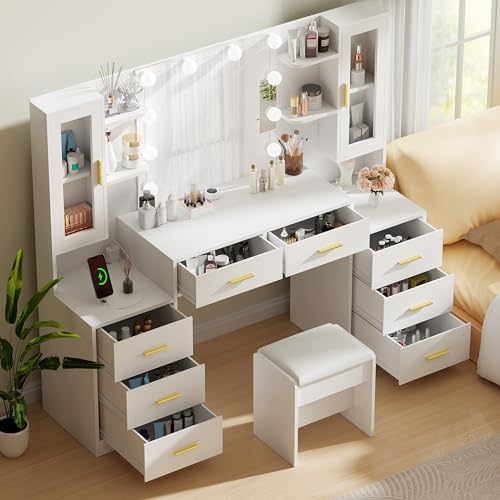 ANWBROAD Mesa de Tocador con Espejo Iluminado 39.4" Tocador de Maquillaje para Niñas con Toma de Corriente 3 Colores de Iluminación Brillo Ajustable Mesa de Tocador para Mujeres Dormitorio Vestidor